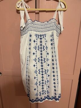 Lucky Brand White Sundress with Blue Embroidered Detail - Women Dresses